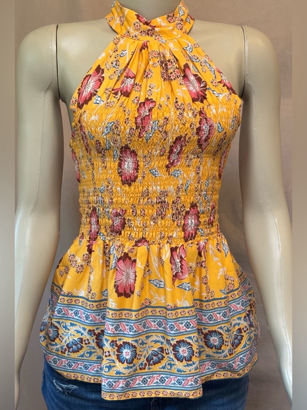 Rachel Zoe Yellow Floral Halter Smocked Peplum Camisole
